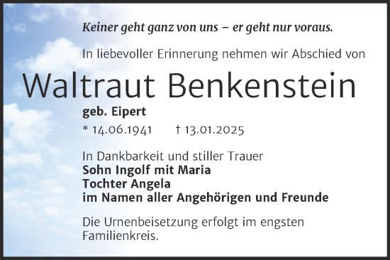 Traueranzeige von Waltraut Benkenstein von Trauerkombi Bernburg