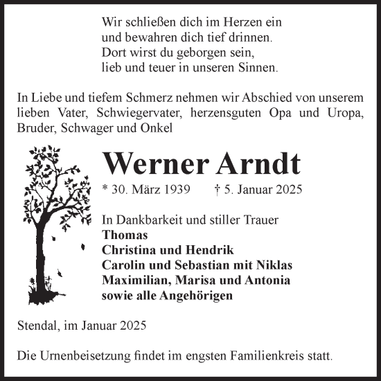 Traueranzeige von Werner Arndt von Volksstimme Altmark Ost