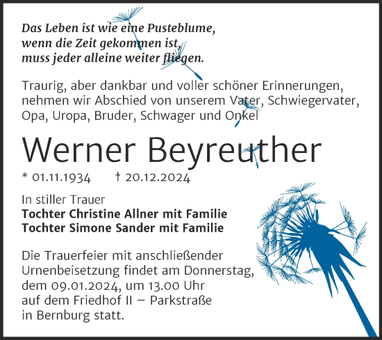 Traueranzeige von Werner Beyreuther von Trauerkombi Bernburg
