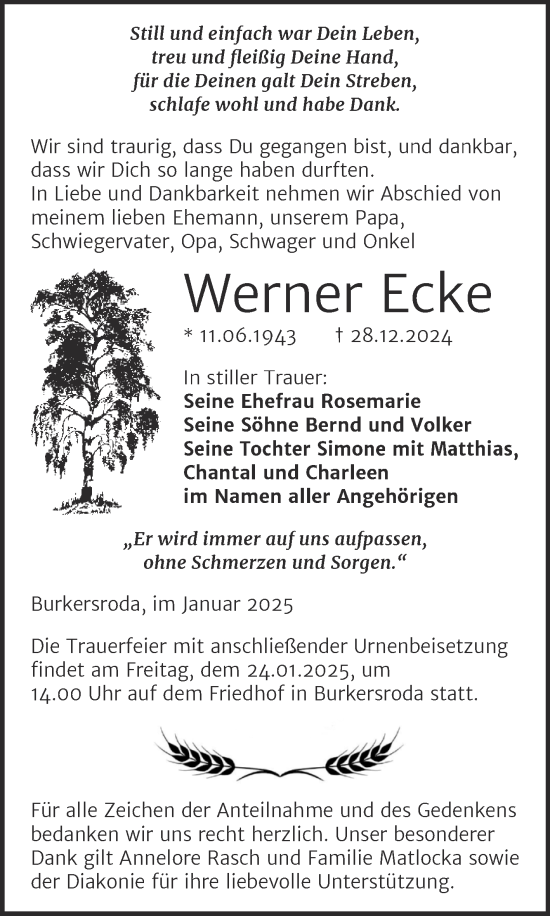 Traueranzeige von Werner Ecke von Super Sonntag Naumburg/Nebra