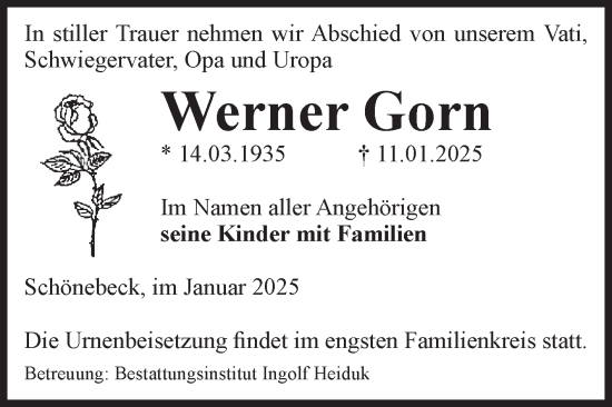 Traueranzeige von Werner Gorn von Volksstimme Schönebeck