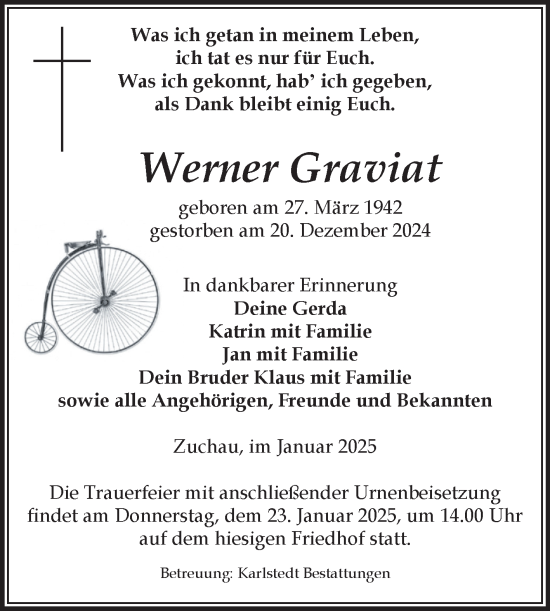 Traueranzeige von Werner Graviat von Volksstimme Schönebeck