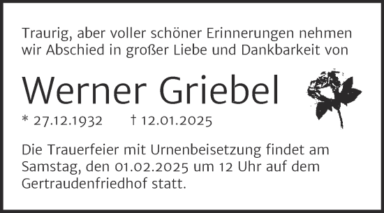 Traueranzeige von Werner Griebel von Mitteldeutsche Zeitung Halle/Saalkreis
