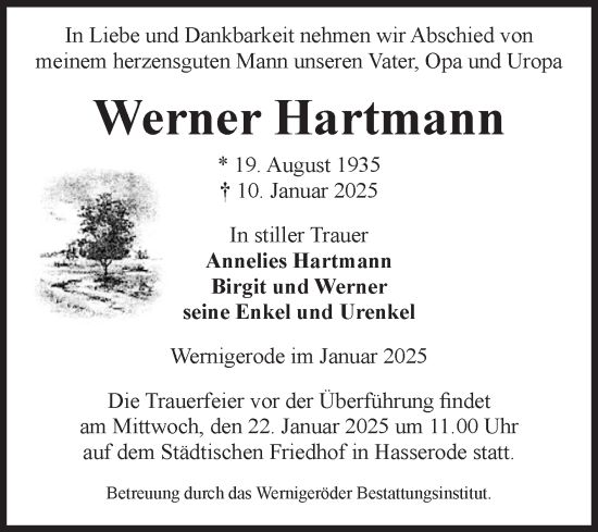 Traueranzeige von Werner Hartmann von Volksstimme Wernigerode