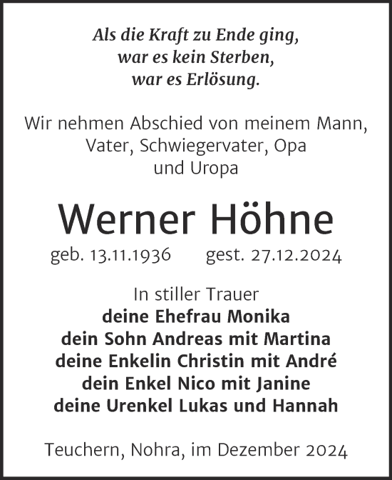 Traueranzeige von Werner Höhne von Super Sonntag Weißenfels