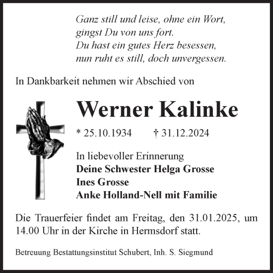 Traueranzeige von Werner Kalinke von Volksstimme Haldensleben/Wolmirstedt