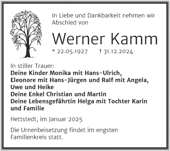 Traueranzeige von Werner Kamm von Trauerkombi Mansfelder Land