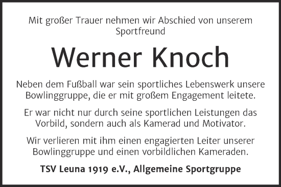 Traueranzeige von Werner Knoch von Mitteldeutsche Zeitung Merseburg/Querfurt