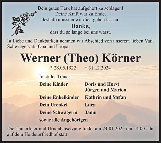 Traueranzeige von Werner Körner von Volksstimme Zerbst