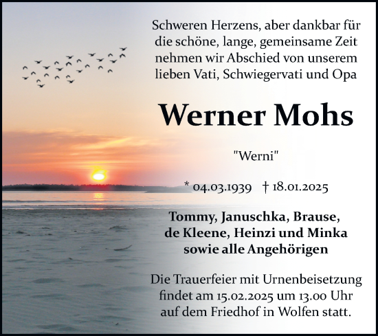 Traueranzeige von Werner Mohs von Trauerkombi Bitterfeld