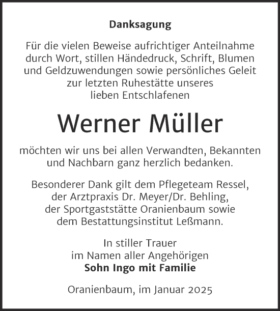 Traueranzeige von Werner Müller von Trauerkombi Wittenberg