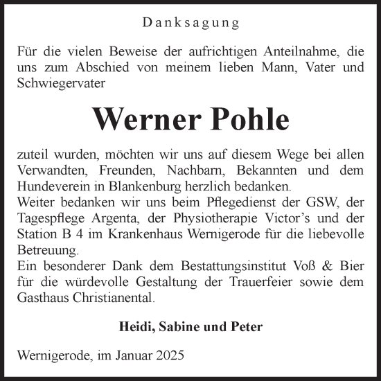 Traueranzeige von Werner Pohle von Volksstimme Wernigerode