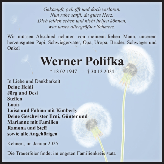 Traueranzeige von Werner Polifka von Volksstimme Altmark Ost