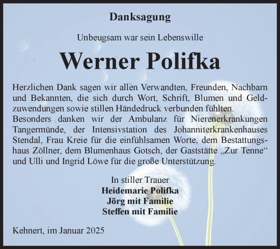 Traueranzeige von Werner Polifka von Volksstimme Altmark Ost