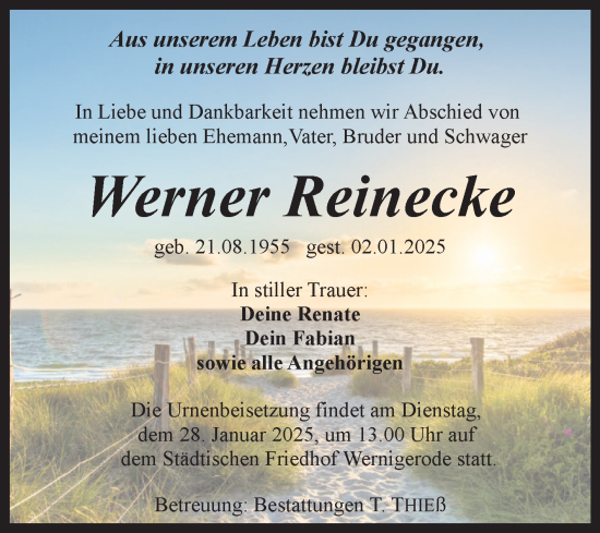 Traueranzeige von Werner Reinecke von Volksstimme Wernigerode
