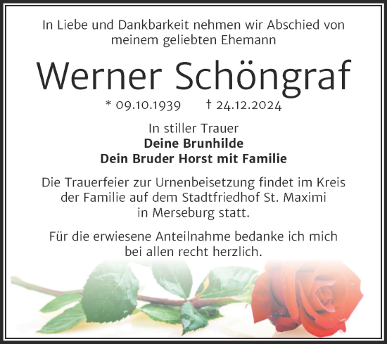 Traueranzeige von Werner Schöngraf von Trauerkombi Merseburg
