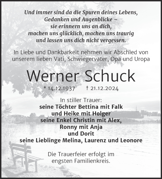 Traueranzeige von Werner Schuck von Trauerkombi Aschersleben