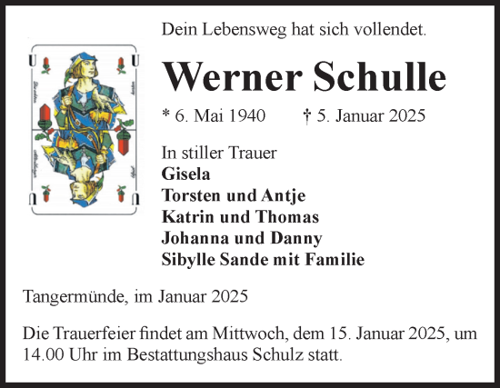 Traueranzeige von Werner Schulle von Volksstimme Altmark Ost