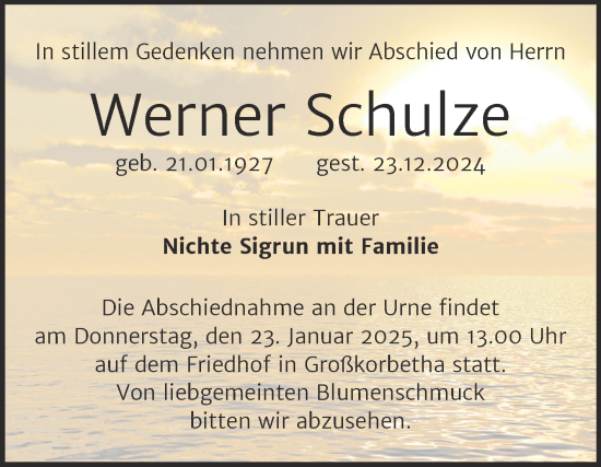 Traueranzeige von Werner Schulze von Trauerkombi Weißenfels