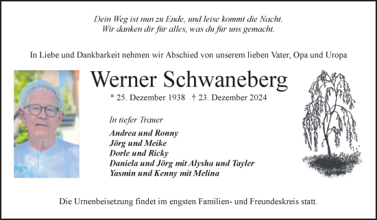 Traueranzeige von Werner Schwaneberg von Volksstimme Altmark Ost