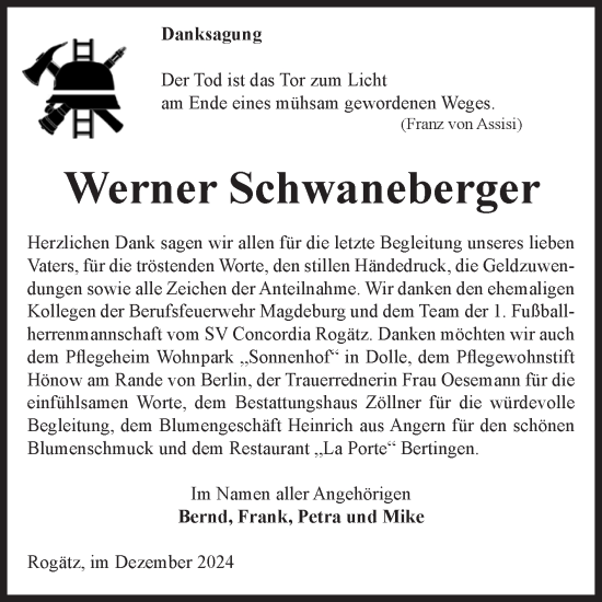 Traueranzeige von Werner Schwaneberger von Volksstimme Haldensleben/Wolmirstedt