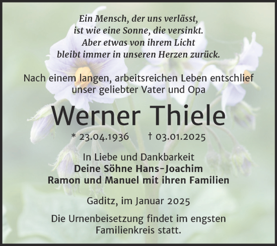 Traueranzeige von Werner Thiele von Trauerkombi Wittenberg