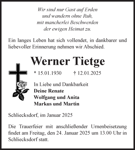 Traueranzeige von Werner Tietge von Volksstimme Altmark Ost