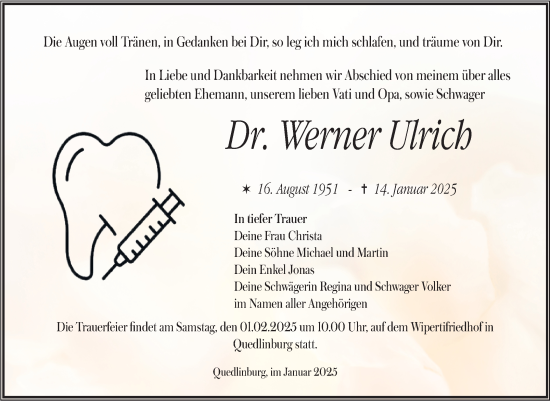 Traueranzeige von Werner Ulrich von Trauerkombi Quedlinburg