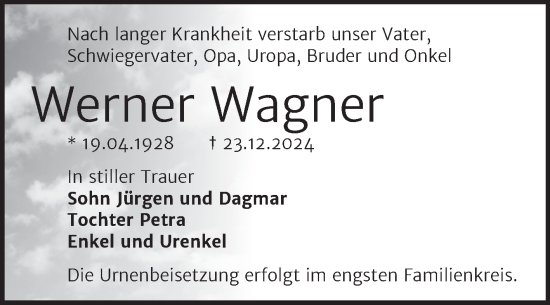 Traueranzeige von Werner Wagner von Trauerkombi Bernburg