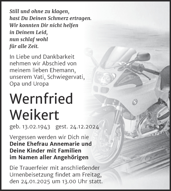Traueranzeige von Wernfried Weikert von Trauerkombi Sangerhausen