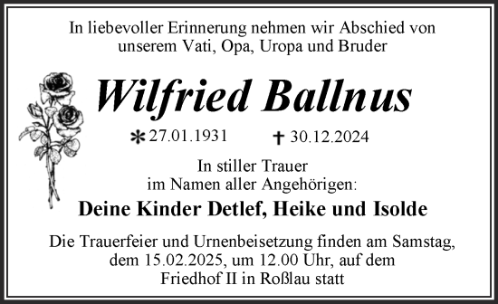 Traueranzeige von Wilfried Ballnus von Trauerkombi Dessau
