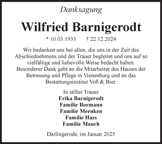 Traueranzeige von Wilfried Barnigerodt von Volksstimme Wernigerode