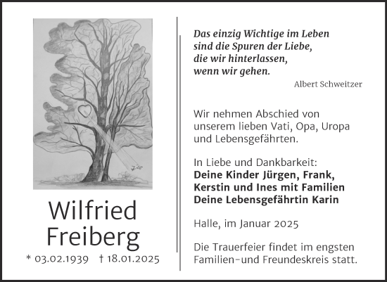 Traueranzeige von Wilfried Freiberg von Mitteldeutsche Zeitung Halle/Saalkreis