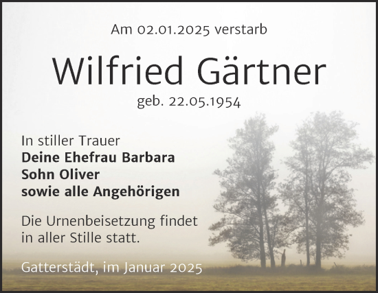 Traueranzeige von Wilfried Gärtner von Trauerkombi Merseburg