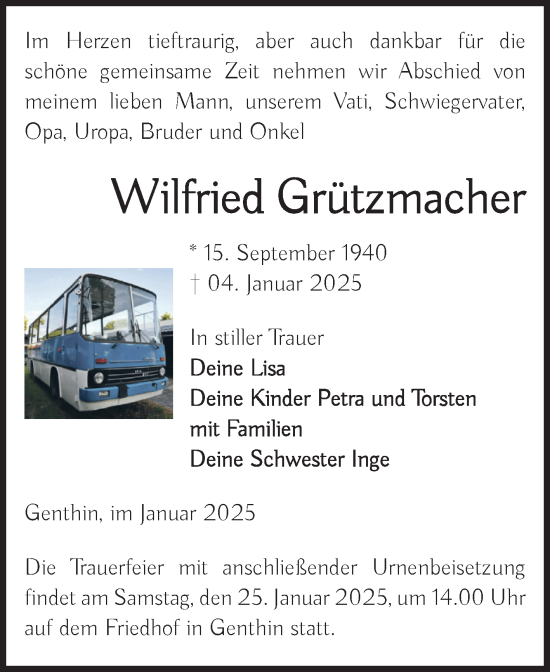 Traueranzeige von Wilfried Grützmacher von Volksstimme Burg/Genthin