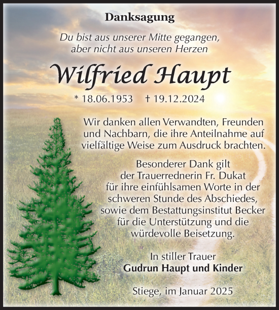 Traueranzeige von Wilfried Haupt von Volksstimme Wernigerode