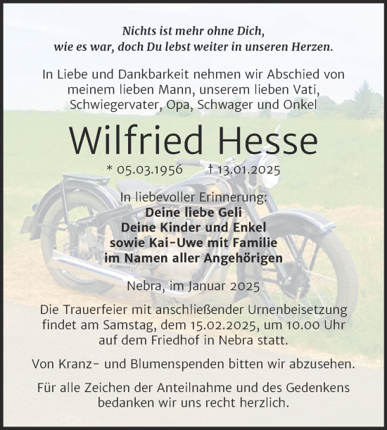 Traueranzeige von Wilfried Hesse von Super Sonntag Naumburg/Nebra