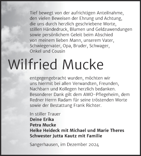Traueranzeige von Wilfried Mucke von Trauerkombi Sangerhausen