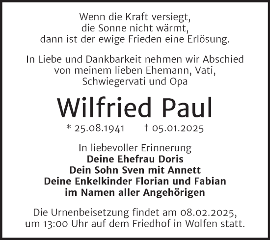 Traueranzeige von Wilfried Paul von Trauerkombi Bitterfeld