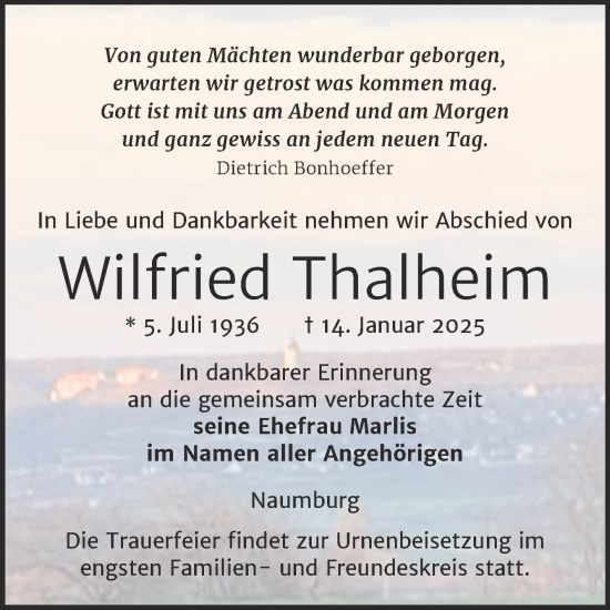 Traueranzeige von Wilfried Thalheim von Naumburger Tageblatt
