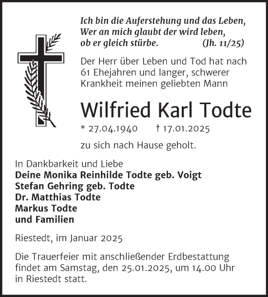 Traueranzeige von Wilfried Karl Todte von Trauerkombi Sangerhausen