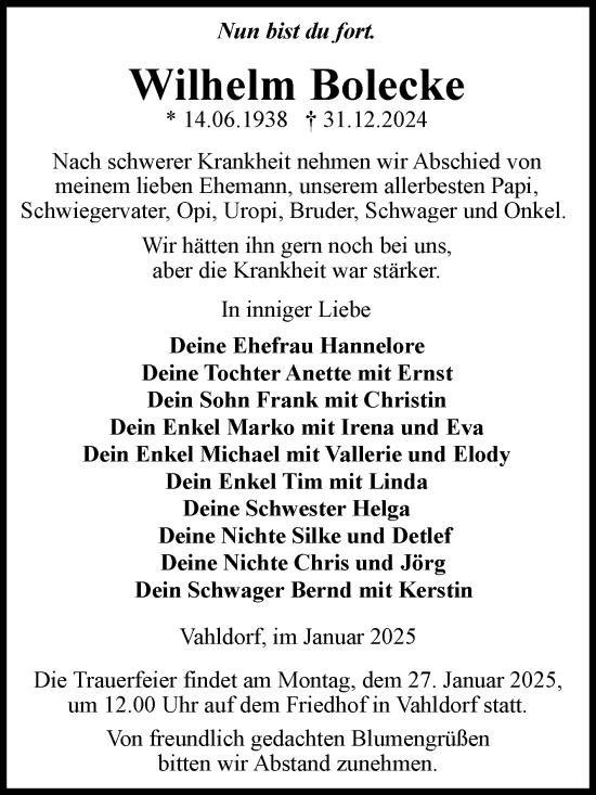 Traueranzeige von Wilhelm Bolecke von Volksstimme Haldensleben/Wolmirstedt