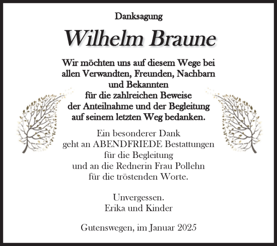 Traueranzeige von Wilhelm Braune von Volksstimme Haldensleben/Wolmirstedt