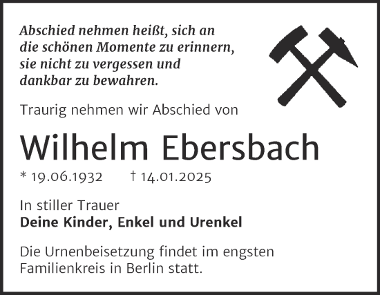 Traueranzeige von Wilhelm Ebersbach von Trauerkombi Bitterfeld