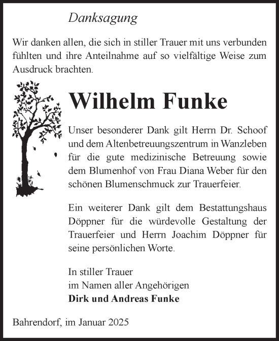 Traueranzeige von Wilhelm Funke von Volksstimme Oschersleben/Wanzleben