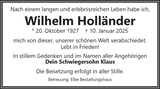 Traueranzeige von Wilhelm Holländer von Volksstimme Magdeburg