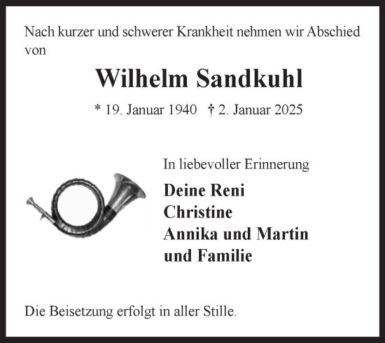 Traueranzeige von Wilhelm Sandkuhl von Volksstimme Haldensleben/Wolmirstedt