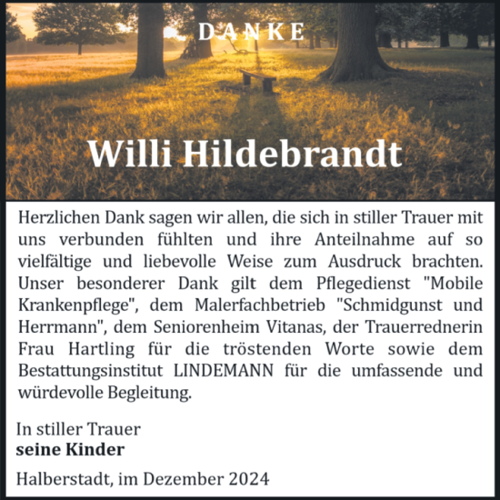 Traueranzeige von Willi Hildebrandt von Volksstimme Halberstadt
