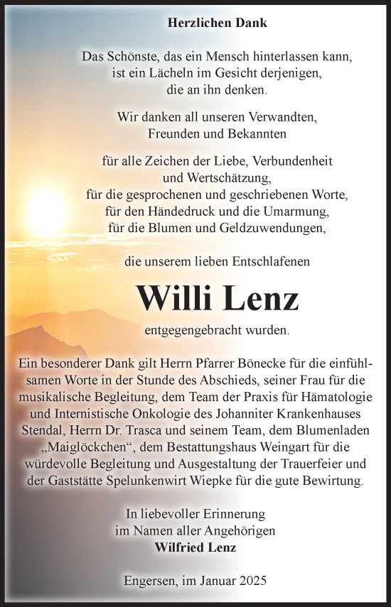Traueranzeige von Willi Lenz von Volksstimme Altmark West