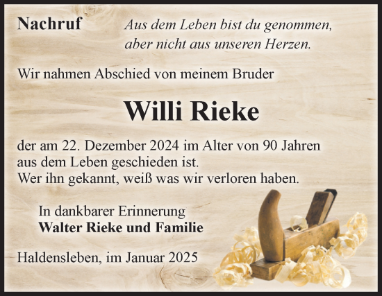 Traueranzeige von Willi Rieke von Volksstimme Haldensleben/Wolmirstedt